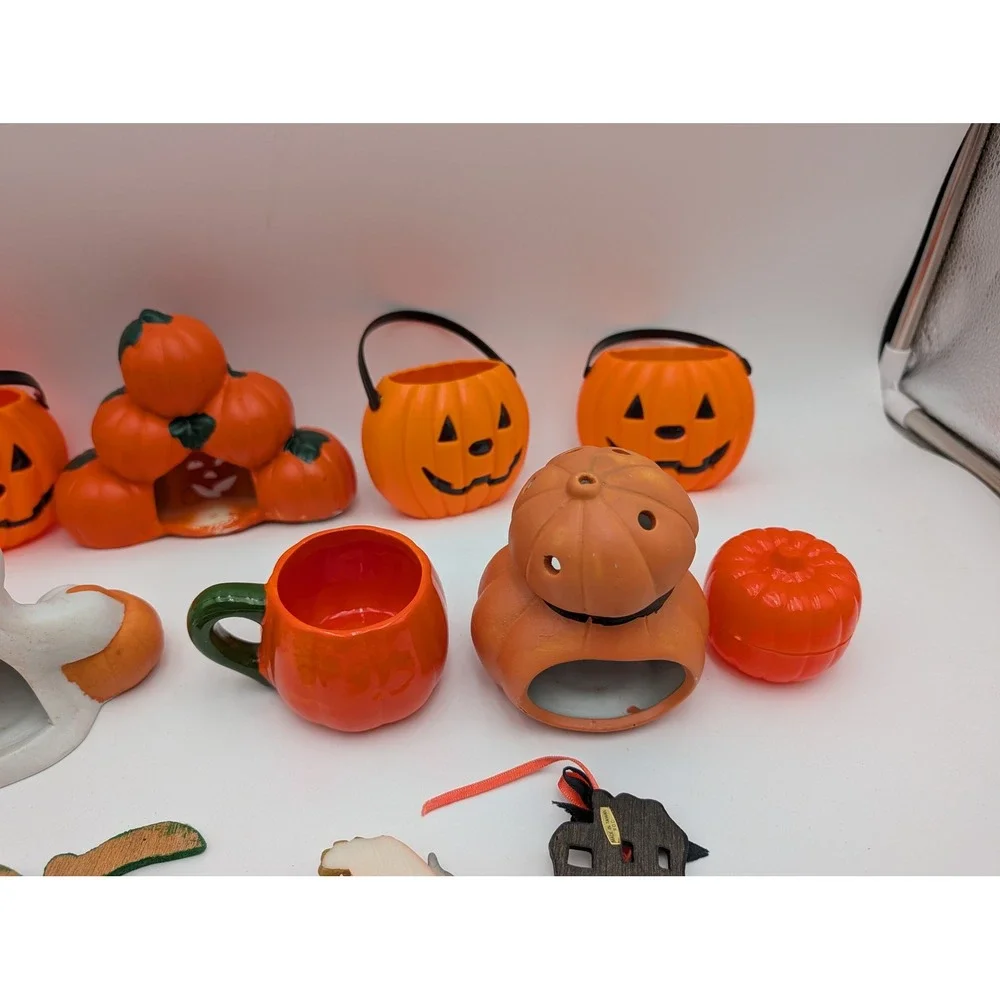 Halloween Decor Lot Orange Jack O Lantern Ghost Cat Figurines Ceramic Magnets